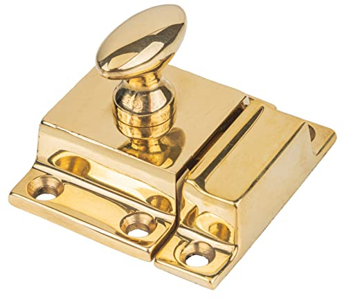 Small Heavy Duty Solid Brass Cabinet Door Latch - 1-3/4 × 1-3/4 - Spring Loaded Cupboard Door Latch with Oval Turn - Vintage Cabinet Hardware | UA-101-LPB