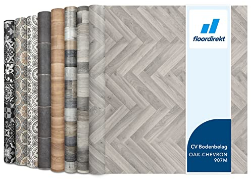 Floordirekt PVC Bodenbelag Meterware nach Maß Vinylboden, CV Linoleum für Küche & Balkon in Holzoptik, Fliesenoptik, Steinoptik - robust & pflegeleicht 200 x 400 cm | Plaza | Oak Chevron 907m