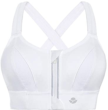 YIANNA Damen Sport BH Starker Halt Grosse Grössen Bustier Ohne Buegel Gepolstert Vorderverschluss Reißverschluss Yoga Sports Bra Crop Top Weiß,UK-YA151-White-L