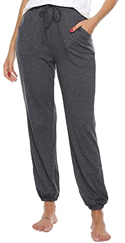 Nieery Pyjamahose Damen Baumwolle Schlafanzughose Lang Jogginghose Sporthose Sweatpants Freizeithose Hausanzug Nachtwäsche Dunkelgrau S