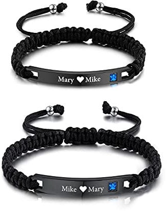 INBLUE Customized Braided Rope Bracelets with Stainless Steel Engraved Plate Birthstones Handmade Adjustable Bracelets Gifts for Women Men Couples Friendship Families