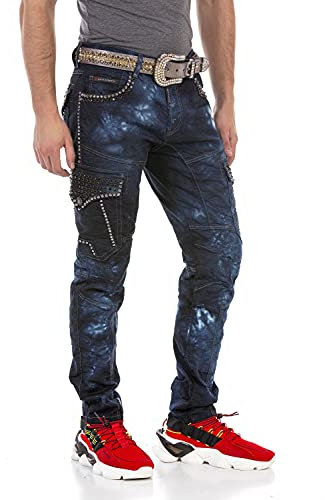 Cipo & Baxx Herren Jeans Hose Cargo Nieten Regular Fit Pants Denim Jeanshose Pants CD677 Blau W31 L34
