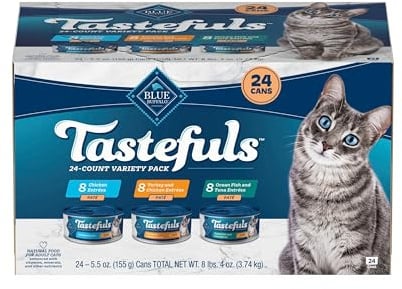 Blue Buffalo Tastefuls Wet Cat Food Paté Variety Pack, Made with Natural Ingredients, Chicken, Turkey & Chicken, Ocean Fish & Tuna Entrées, 5.5-oz Cans (24 Count, 8 of Each)