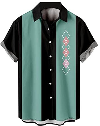 Chemise de bowling boutonnée à manches courtes pour homme - Style hawaïen - Décontractée - Coupe droite, Imprimé géométrique., Taille S