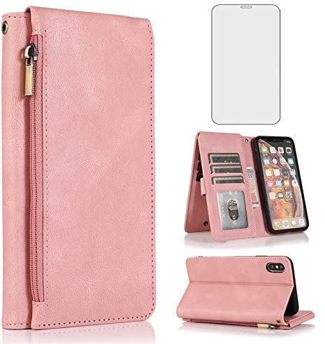 Compatible with iPhone Xs X 10 10s Wallet Case Tempered Glass Screen Protector Zipper Leather Flip Cover Card Holder Stand Phone for iPhoneX iPhoneXs iPhone10 i PhoneX SX 10x 10xs X’s Women Rose Gold