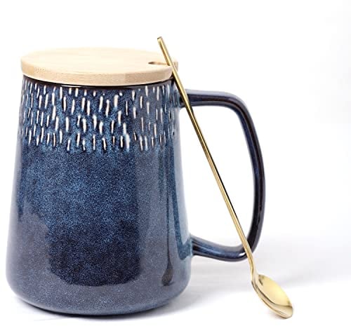 Large Ceramics Coffee Mugs,24 OZ/700ml Extra Large Cups,Matching Lid and Spoon, for Cappuccino, Latte, Hot Cocoa Or Hot Tea -Gift for Birthday/Christmas/Valentine's (24 oz Blue Set)