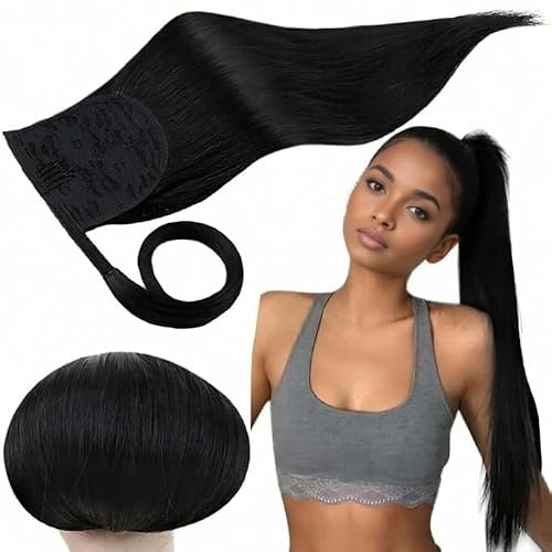 RUNATURE Ponytail Extension Haarteil Zopf Echthaar 40cm 80g | Pferdeschwanz Haarteil Echthaar,Einfach Zu Tragen,Langlebig,Atmungsaktiv,Kein Verknoten,Sofort Voluminöser,Schwarz #1