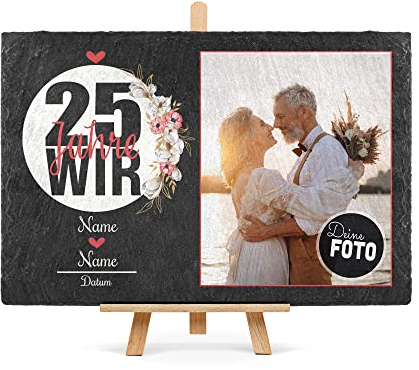PR Print Royal Schiefertafel selbst gestalten- Fotocollage - 25 Jahre - Personalisiertes Geschenk zur Silberhochzeit mit Foto, Namen und Datum - inkl. Holzstaffelei, 20 x 30 cm