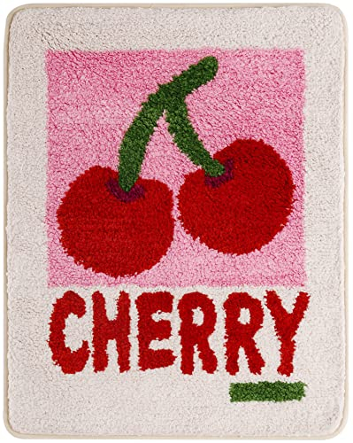 Fosiyaa Badematte mit Kirschmotiv, niedlich, lustig, fruchtrosa, rutschfest, saugfähig, Badteppich für Mädchen, Frauen, Dusche, Schlafzimmer, Dekoration, maschinenwaschbar, 50 x 66 cm