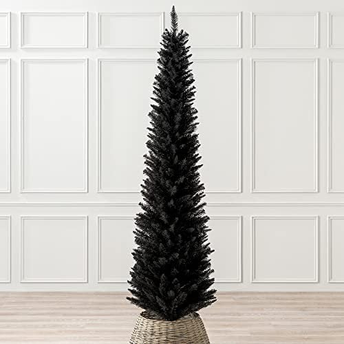 Christow Black Pencil Christmas Tree 7ft, Artificial Slim Spruce, Modern Indoor Xmas Decoration, Lifelike Forked Branches with PVC Needles, Easy Assembly with Stand, Tip Count 401 (skirt not included)