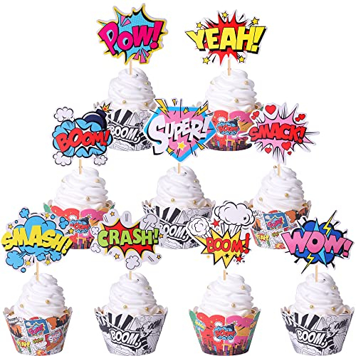 36 Stück Superheros Cupcake Toppers Wrappers Boom Pow Hero Geburtstag Tortendeko zum Feiern Kinder Helden Thema Baby Dusche Geburtstag Party Kuchen Dekorationen Zubehör