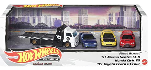 Hot Wheels HCR53 - Premium Collect Display Sets mit 3 Die-Cast-Autos im Maßstab 1:64 und 1 Teamtransport-Fahrzeug, Sammlerstücke, 2 Sets im Sortiment für Sammler jeden Alters