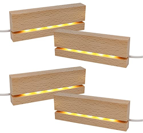 4 unidades Base de exhibición de luces LED, color cálido rectangular base de madera iluminada, para placa acrílica de 3 mm de grosor, placa de vidrio, arte de resina