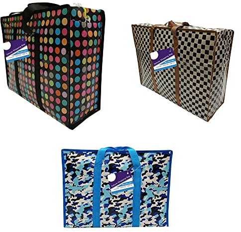 1ABOVE Confezione da 3 borse per la spesa deluxe per biancheria, shopping, stoccaggio, riutilizzabili, in tessuto, per traslochi, impermeabili, con manici e cerniera (XL (60 x 45 x 20 cm)