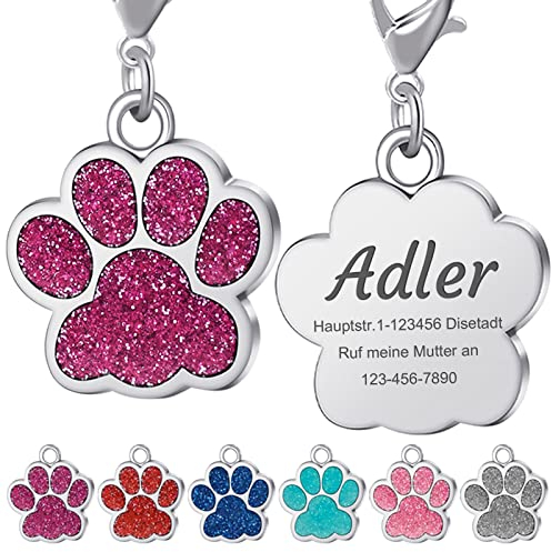 TEAYASON Hundemarke mit Gravur, Hundemarke Personalisiert für Hunde und Katzen, Hundehalsband Anhänger mit Glitzer Pfotenabdruck aus Zinklegierung(29x27mm Rosa Rot)