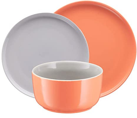 VILLA ITALIA BORNEO Porzellan Geschirrset für 6 Personen in Orange - Grau (6 Flache Teller - 6 Dessertteller - 6 Schüssel) - Tafelservice 6 Personen - Porzellan Geschirr Set - Ess Service 6 Personen