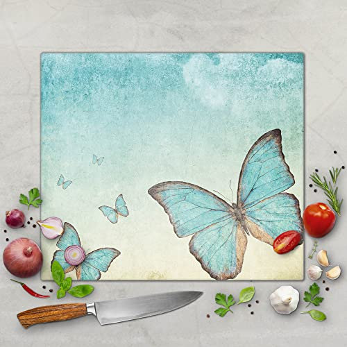 banjado Schneidebrett Glas mit Motiv Blaue Schmetterlinge - großes einteiliges Glasschneidebrett rechteckig 60 cm x 52 cm - auch verwendbar als Schneidebrett Herdabdeckung