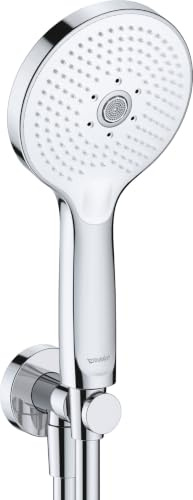 Duravit Universal Brausehalterset, wassersparende Handbrause rund ((Ø 120 mm), Wandanschlussbogen, flexibler Brauseschlauch, Chrom