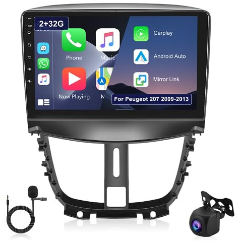 Android Autoradio für Peugeot 207 2006-2015 Radio Carplay Android Auto Mirror Link, 2GB 32GB 9 Zoll Touchscreen GPS Navigation Bluetooth WiFi FM RDS HiFi SWC, Rückfahrkamera 2 Din für Peugeot 207