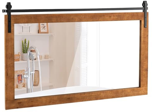 COSTWAY Decorative Rustic Wall Mirror, Rectangle Barn Door Hanging Vanity Mirror, Farmhouse Solid Wood Frame Wall Mounted Mirror for Bathroom, Living Room, Bedroom and Hallway (Rustic Brown, 101x66cm)