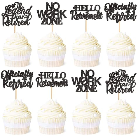 Blumomon 24Pcs Happy Retirement Cupcake Toppers Glitter Retired Cupcake Decorations Picks Retirement Theme Birthday Party Cake Decorations Supplies Black