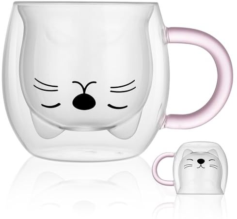 Vicloon Cute Cat Mug Double Walled Glass Mug, 250ml Insulated Espresso Cat Cup, Milk Coffee Cat Mug with Handle, Christmas Birthday Gifts for Women, Wife, Mom, Girlfriend, Sister, Friends - Pink