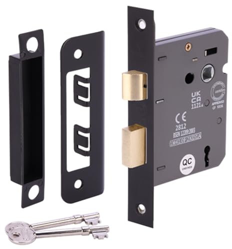 HANDLEZONE® 65mm (2 1/2 inch) Black Matt 3 Lever Mortice Sashlock for Internal Timber Doors, Security Key Operated Lock, Reversible Latch, CE & UKCA Approved - Fire Rated - 45mm Backset