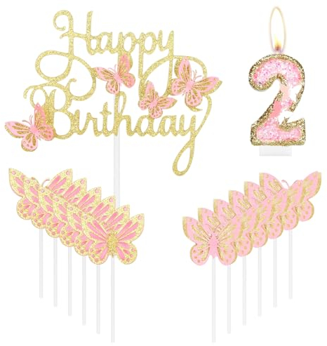 Happy 2nd Birthday Schmetterling Kerzen Kuchen Cupcake Topper Rosa Gold Nummer 2 Kerze für Kuchen Mädchen 2. Geburtstag Kuchen Dekorationen Rosa Schmetterling 2. Geburtstag Kuchen Topper