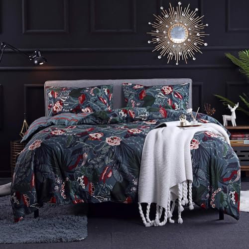 Michorinee Housse de Couette 240 x 260 Bleu Nuit - Parure de Lit Motif Fleurie Rose avec Fermeture Éclair - Linge de Lit Réversible 2 Personnes Adulte avec 2 Taies d'oreiller 65x65 cm