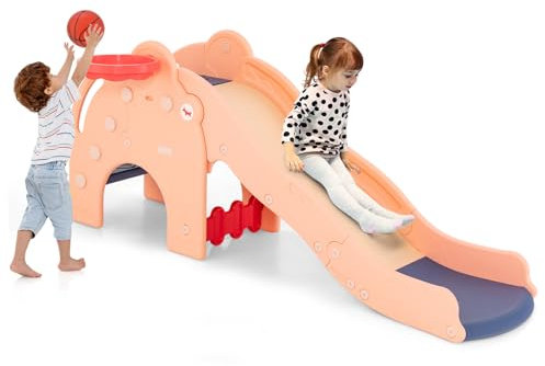 COSTWAY 4 en 1 Toboggan Enfant en Forme Éléphant avec Panier de Basketball, Toboggan Extérieur Intérieur en HDPE avec Ballon, Aire de Jeux pour Glisser & Grimper, Charge 50kg pour 18 Mois+(Rose)