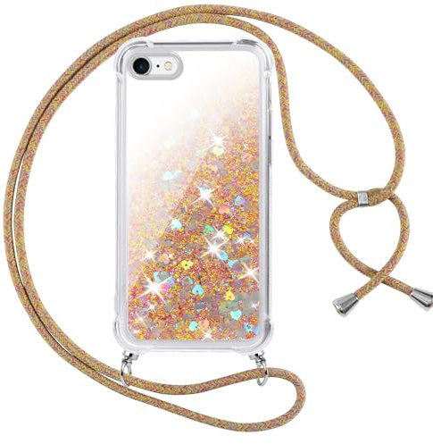 Vauki Coque pour iPhone 6/iPhone 6s avec Cordon,Paillette Liquide Transparent Crystal Glitter Housse,Protection Antichoc Silicone Souple TPU Bumper Case,Réglable Collier,Or