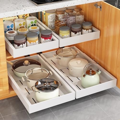COVAODQ 2 Pack Out Drawer Storage Shelves for Kitchen Cupboard, Heavy Duty Pull out Cabinet Organizer,No Drill and Storage for Kitchen, Cupboards, Pantry(42cm to55cmD*30.5cm W*7cm H -white)