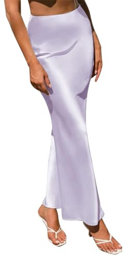Damen Satin Seidenrock A Linie Elastische Hohe Taille R�sche Lange Maxirock Einfarbige Meerjungfrau Rock Formale Partyrock Helllila M