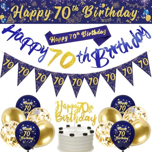70th Birthday Decorations for Him,Navy Blue & Gold Party Set with Happy 70th Birthday Banner, Triangle Flag Bunting & Confetti Balloons Party Supplies for Men