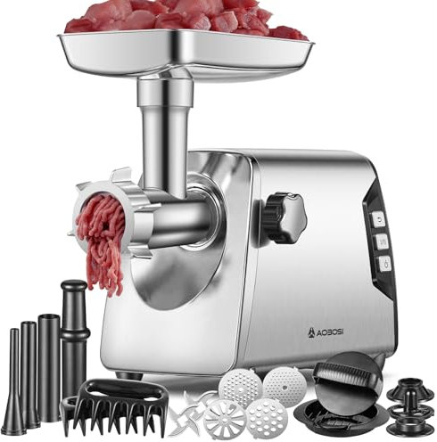 AAOBOSI Tritacarne #12, tritacarne elettrico a 3 velocità, carico pesante: 2 lame, 4 piastre, 3 riempitivi per salsicce, kibbe, clip per carne, pressa per hamburger (argento)