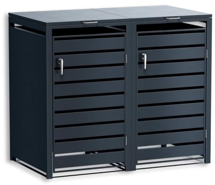 Metzler Mülltonnenbox 2er 240L in Anthrazit aus massivem Stahl | 2 Tonnen mit Sichtstreifen | witterungsbeständiger und pulverbeschichteter Stahl mit Automatikdeckel, abschließbar, Garten- und Müllbox