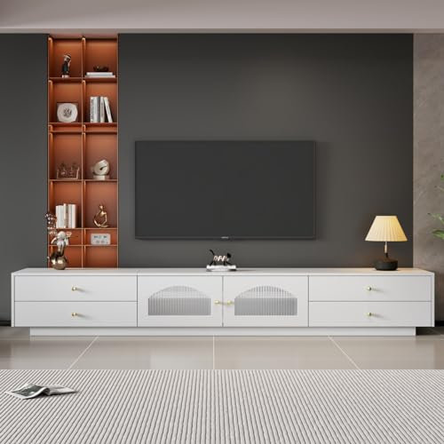 KOMHTOM Meuble TV blanc avec tiroirs et portes en verre - Support TV moderne et minimaliste - Pour salon, chambre à coucher (A)