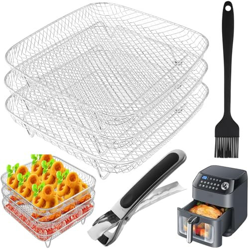 Air Fryer Accessories Stackable Rack Baskets Set of 3, Stainless Steel Square Baking Trays with Clip and Oil Brush for Instant Vortex, cosori Air Fryer, Ninja Foodi Grill, Multi-Layer Dehydrator Rack
