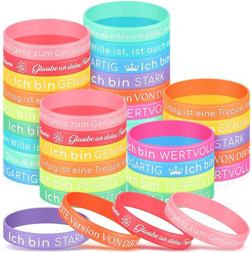 Harrycle 36 Stück Kinder Motivationsarmbänder Silikon Armbänder mit Positiven Sprüchen Mutmacher Geschenk Motivierende Gummiarmbänder Party Mitgebsel für Teenager Kollegen Mitarbeiter Erwachsene
