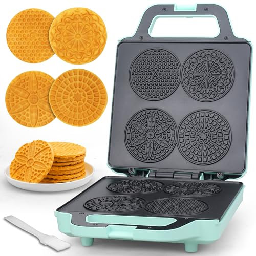 Baker's Friend Pizzelle Maker eléctrica, 4 x 3.5 pulgadas, galletas de gofre para hornear Navidad, hierro Stroopwafel, máquina para hacer galletas con patrón, máquina de gofres fina, color aguamarina