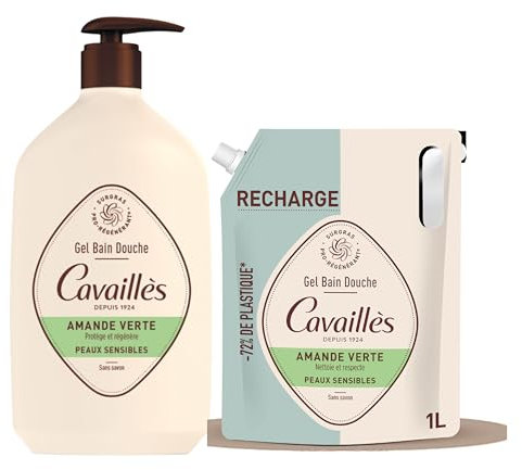 Gel bain douche - Amande Verte | Protège & Régénère la peau | Nettoie en douceur | Peaux sensibles | Sans savon| Pack : Gel douche 1L + éco-recharge 1L