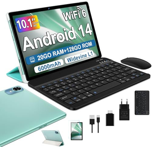 Tablette 10 Pouces Tablette Android 14 tablette tactile 20GO RAM + 128GO ROM (1tb TF) Widevine L1/ 5GWiFi 6/ Bluetooth 5.0/Octa-Core Tablette avec Clavier et Souris + Assurance écran d'un an-Vert