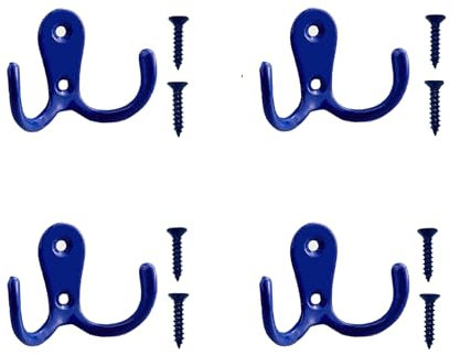 Meiyea Lot de 4 crochets muraux à double fourche, pour peignoirs, cintres en métal vintage dans les salles de bains et les chambres, avec 8 vis, bleu