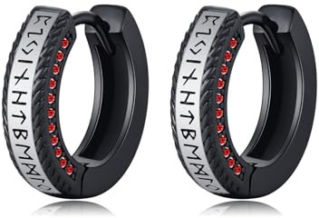 ZIPPICE Wikinger Creolen 925 Sterling Silber Wikinger Rune Schwarz Sleeper Ohrringe Unisex Creolen Wikinger Schmuck für Männer Frauen(Rot)