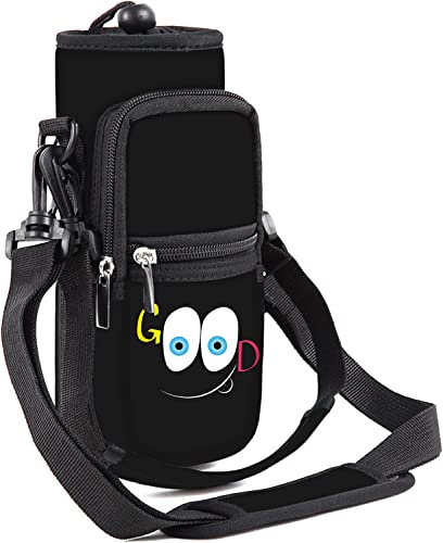 Mibbxea 25oz Wasserflaschenhalter-Tragetasche – Isolierte Umhänge-Slingtasche mit Gurt und Fächern für Herren und Damen Fitnessstudio Reisen Camping Radfahren Wandern Laufen (Schwarzes,Smiley-Gesicht)
