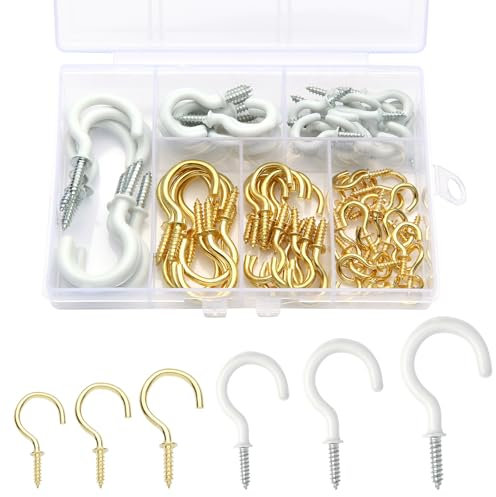 Tahbarshi 78 Stück Schraubhaken Gold 6 Größen Deckenhaken Set Haken Zum Schrauben,Weiß Vinyl Beschichtet Cup Haken Set Hakenschrauben