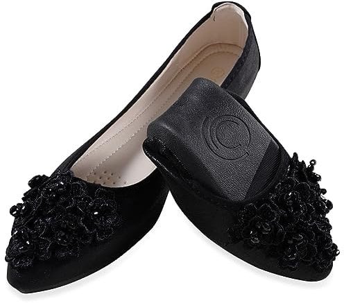 YOUNIFIZ Women's Elastic Foldable Portable Pumps Bling Beads Ballet Ballerina Flats Dolly Shoes (Black,Size 6)