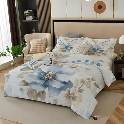Juego de Funda nórdica King,Funda de edredón de Microfibra cepillada Suave,Juego de Cama Reversible con Estampado de peonías Azules y a Juego,Estampados de Plantas con Pintura de Tinta (260 x 220 cm)