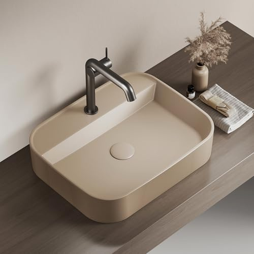 EMKE Lavabo da Appoggio Rettangolare –Bagno e WC Ospiti – 50 × 40 × 11 cm, Lavabo in Ceramica,Beige opaco