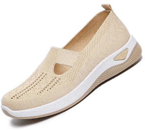 GYCF Mujer Zapatos sin Cordones,Mujer Ortopédicos Deportivos,Zapatillas de Verano de Gimnasia Paseo Slip On Transpirables Cómodas Malla Ligeras Plataforma Zapatos,Beige,39EU